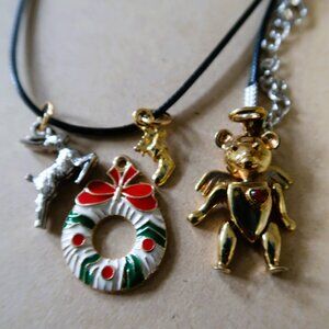 Teddy Bear Angel + Holiday Wreath Pendant Charm Necklace Bundle Gold Silver Tone